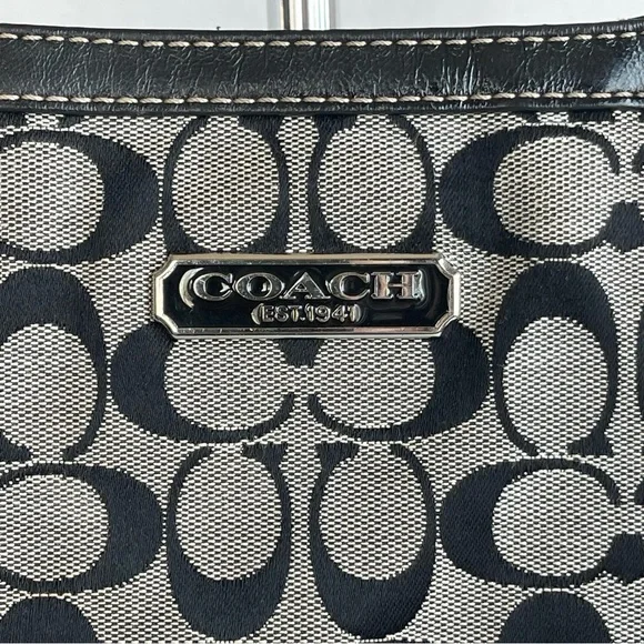Coach Signature Canvas Leather Medium Tote Shoulder Bag Gray and Black Zip - Picture 3 of 15